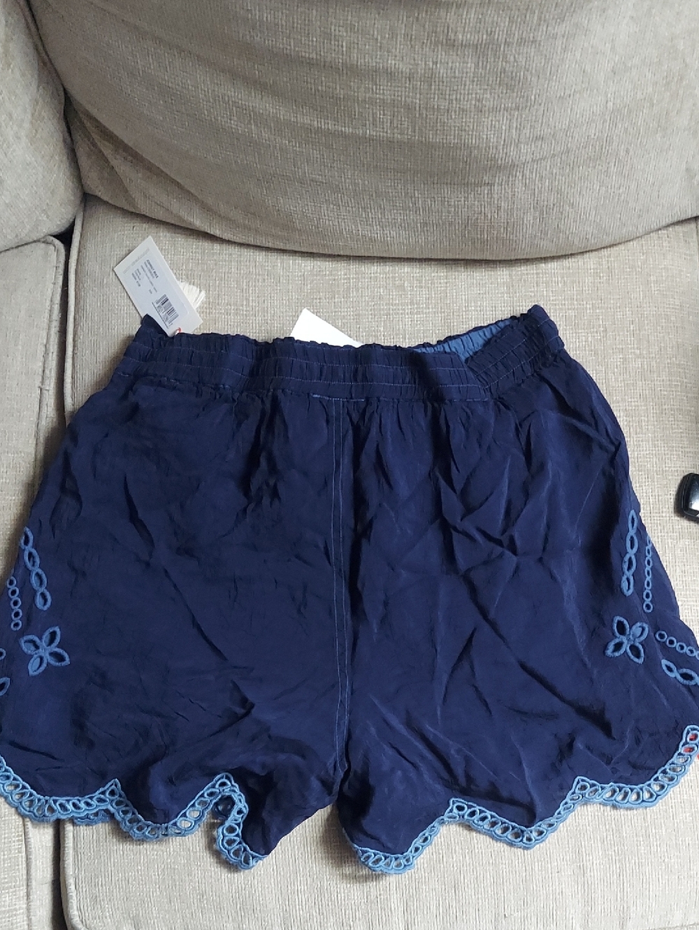 Johnny Was Navy Scalloped Embroidered Shorts with Light Blue Accents - Picture 4 of 4